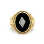 14k Yellow Gold Men's Genuine Natural Black Onyx and Diamond Ring (#J5550)