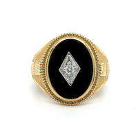 14k Yellow Gold Men's Genuine Natural Black Onyx and Diamond Ring (#J5550)