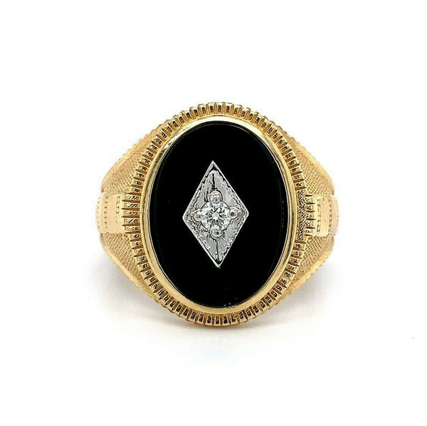 14k Yellow Gold Men's Genuine Natural Black Onyx and Diamond Ring (#J5550)