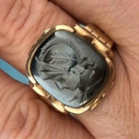 10k Yellow Gold Men's Genuine Natural Hemetite Carved Intaglio Ring (#J5551)