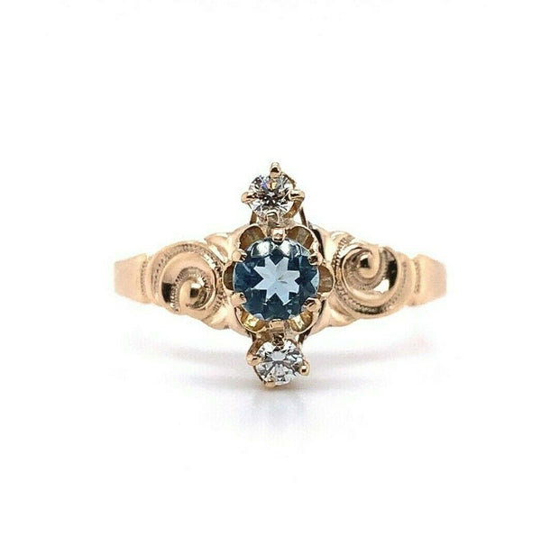 10k Yellow Gold Victorian Genuine Natural Aquamarine and Diamond Ring (#J5560)