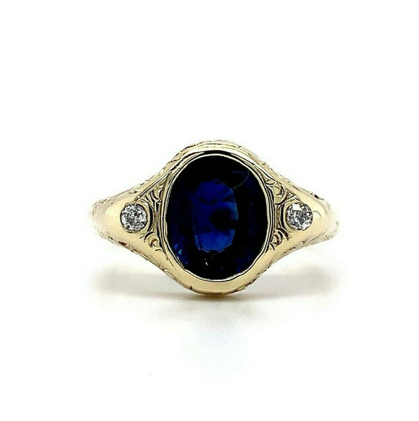 14k Gold Gypsy Set 1.71 Carat Genuine Natural Sapphire and Diamond Ring (#J5569)