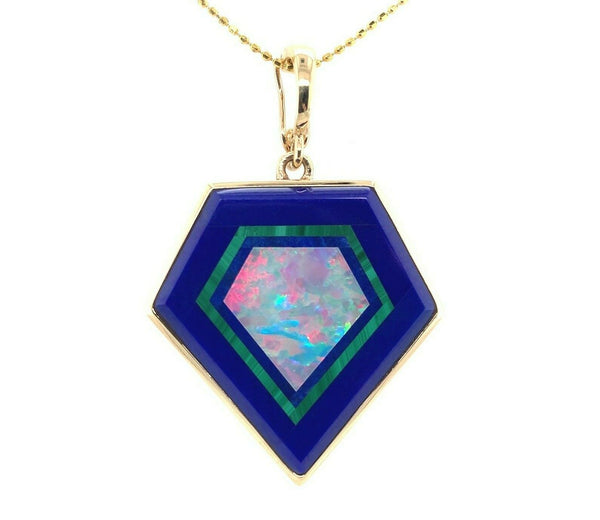 14k Yellow Gold Genuine Natural Opal Intarsia Inlay Pendant with Lapis (#J5581)