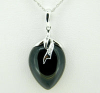 14k White Gold Pear Genuine Natural Cabachon Onyx Pendant with Diamonds (#J611)