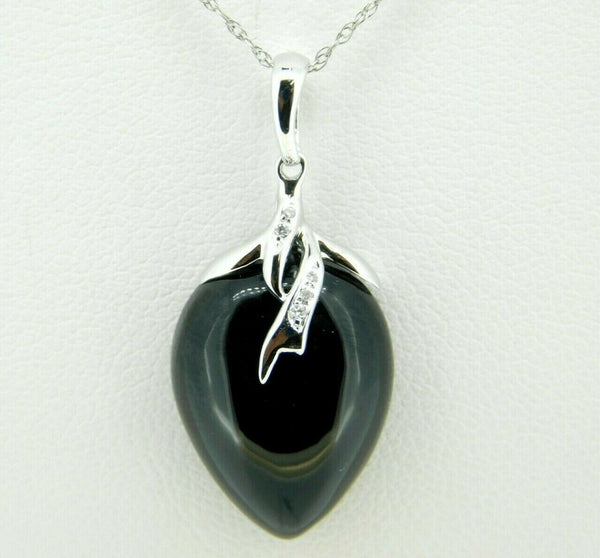 14k White Gold Pear Genuine Natural Cabachon Onyx Pendant with Diamonds (#J611)