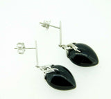 14k White Gold Dangle Genuine Natural Cabochon Black Onyx Earrings (#J694)