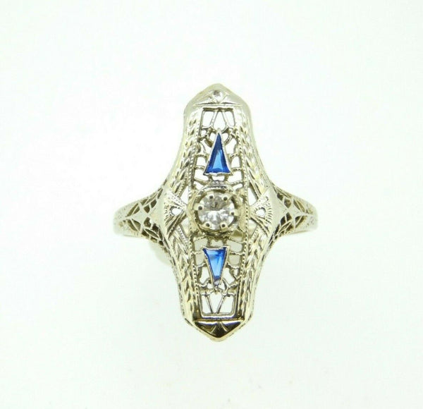 14k White Gold Diamond and Synthetic Sapphire Filigree Ring (#J823)