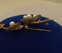 14K Gold Pin with Smoky Quartz Carved Flowers and Pearls (#J454)