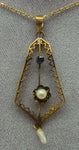 Victorian Gold Lavaliere Necklace with Blue Sapphire and Pearls (#J1092)