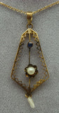Victorian Gold Lavaliere Necklace with Blue Sapphire and Pearls (#J1092)