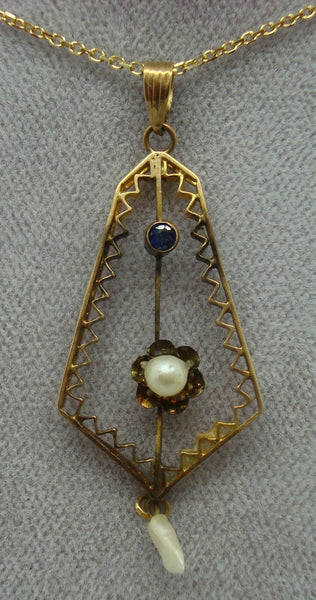Victorian Gold Lavaliere Necklace with Blue Sapphire and Pearls (#J1092)