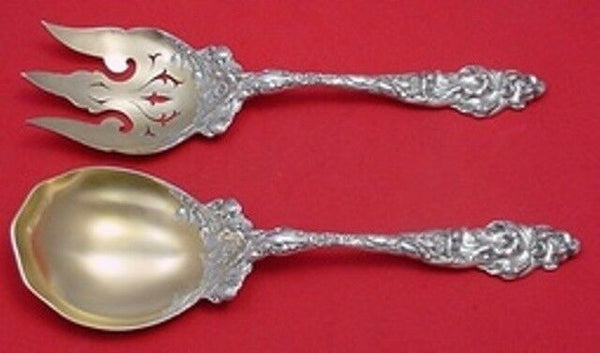 Les Six Fleurs by Reed & Barton Sterling Salad Serving Set Gold Washed 10 3/4"