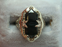 14K Gold Filigree Ring with Two Black Genuine Natural Onyxes (#J910)