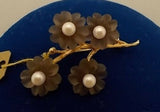 14K Gold Pin with Smoky Quartz Carved Flowers and Pearls (#J454)