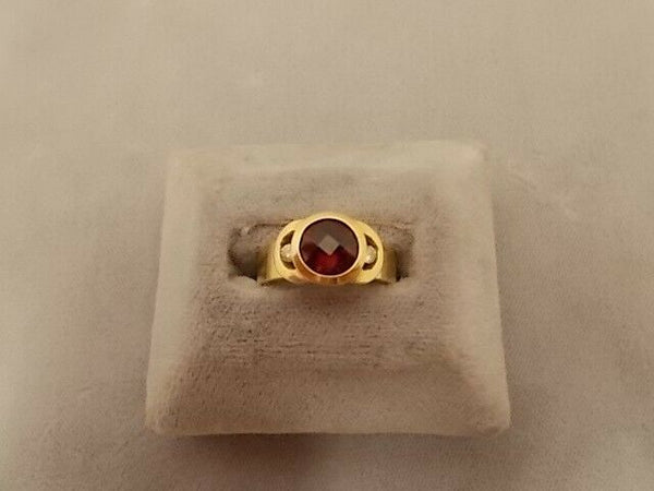 14K Gold Round Checkerboard Genuine Natural Garnet Ring with Diamonds (#J395)