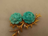 Elegant 14k Gold Carved Genuine Natural Turquoise Flower Pin (#J452)