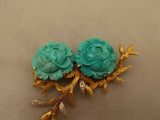 Elegant 14k Gold Carved Genuine Natural Turquoise Flower Pin (#J452)