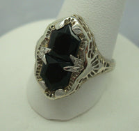 14K Gold Filigree Ring with Two Black Genuine Natural Onyxes (#J910)