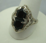 14K Gold Filigree Ring with Two Black Genuine Natural Onyxes (#J910)