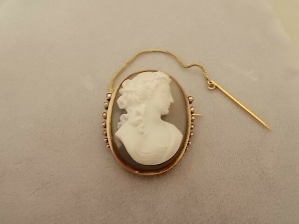14K Rose Gold Victorian Agate Cameo Pin with Pearl (#J333)